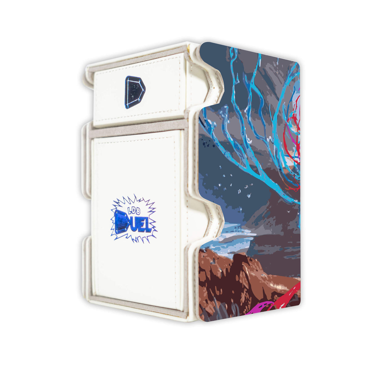 Here is the Right View of the Prismari Artistry Mach 3 White Deck Box. Commander-mtg-deck-tray-dice-tray-LDB-Duel