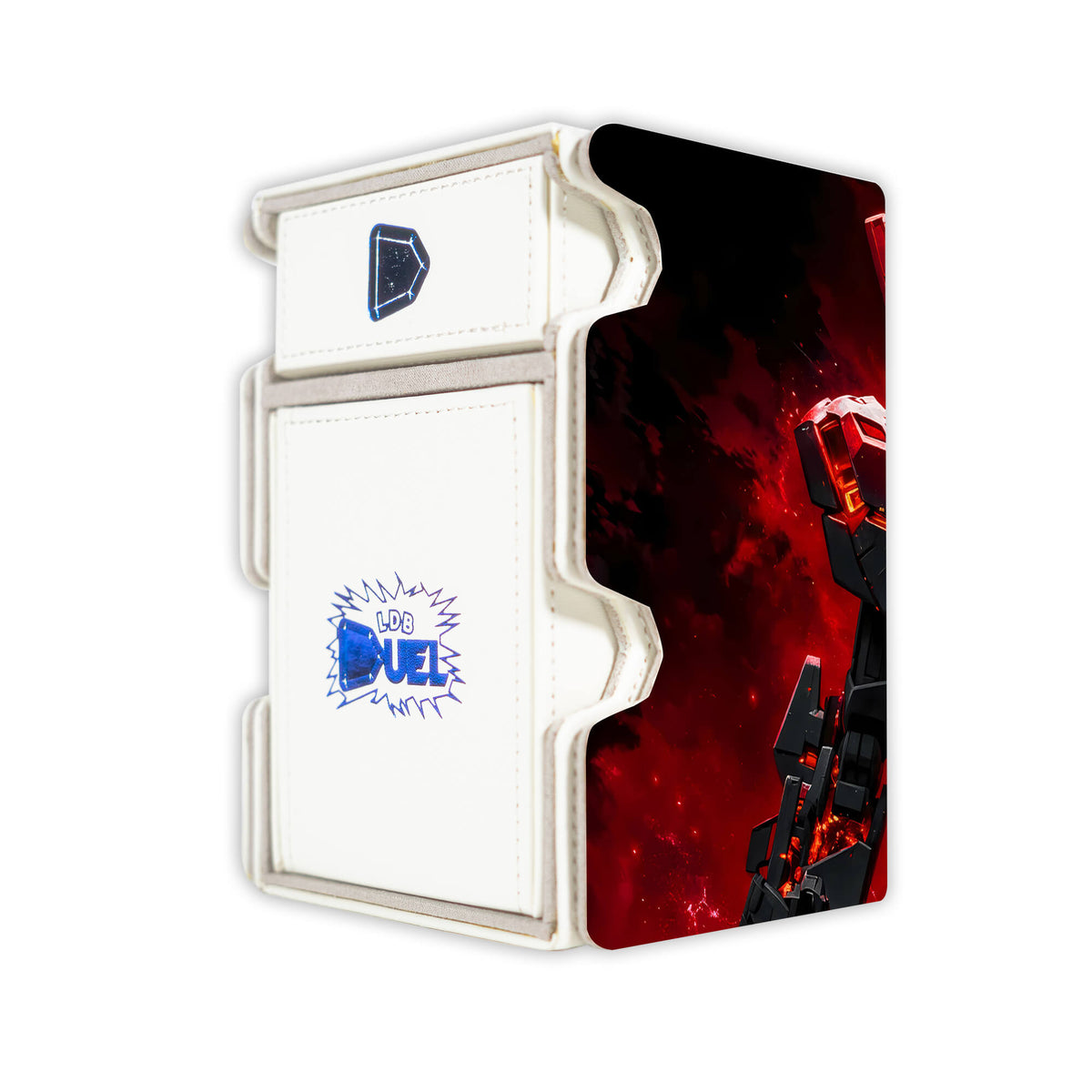 Here is the Right View of the RX-0 Unicorn Gundam Mach 3 White Deck Box. Beam-Tonfa-anime-deck-tray-dice-tray-LDB-Duel