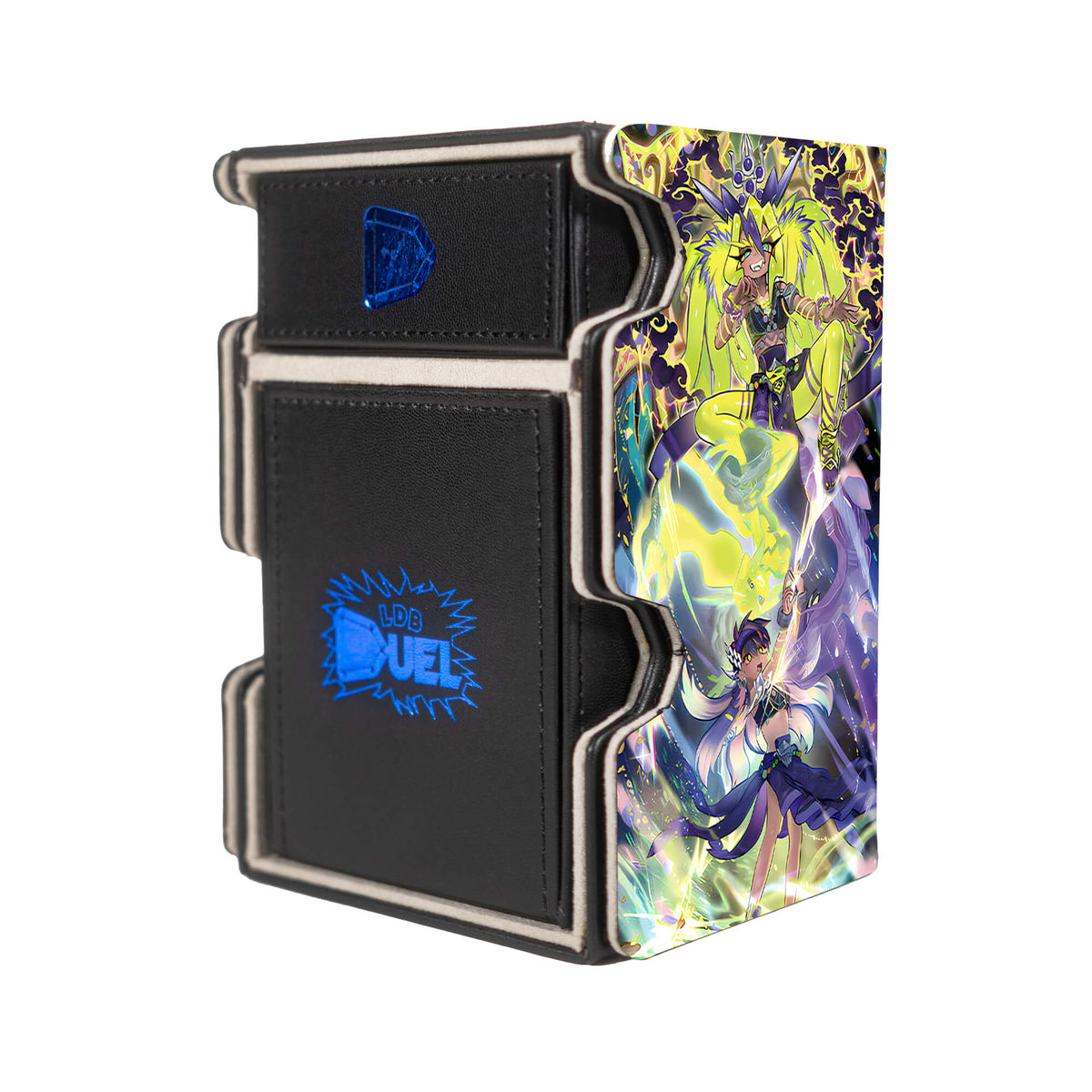 Here is the Right View of the Radiant Typhoon Archetype Mach 3 Black Deck Box. Meghala-yugioh-deck-tray-dice-tray-LDB-Duel