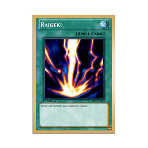 Level up your game with our custom-printed metal orica cards, featuring exclusive Raigeki artwork in gold metal. Durable, scratch-resistant, and embossed with the iconic Yu-Gi-Oh! card back, these slim orica cards fit perfectly in card sleeves. Spell-Card-yugioh-mtg-pokemon-metal-card-embossed-design-custom-artwork-duel-accessories-ldb-duel