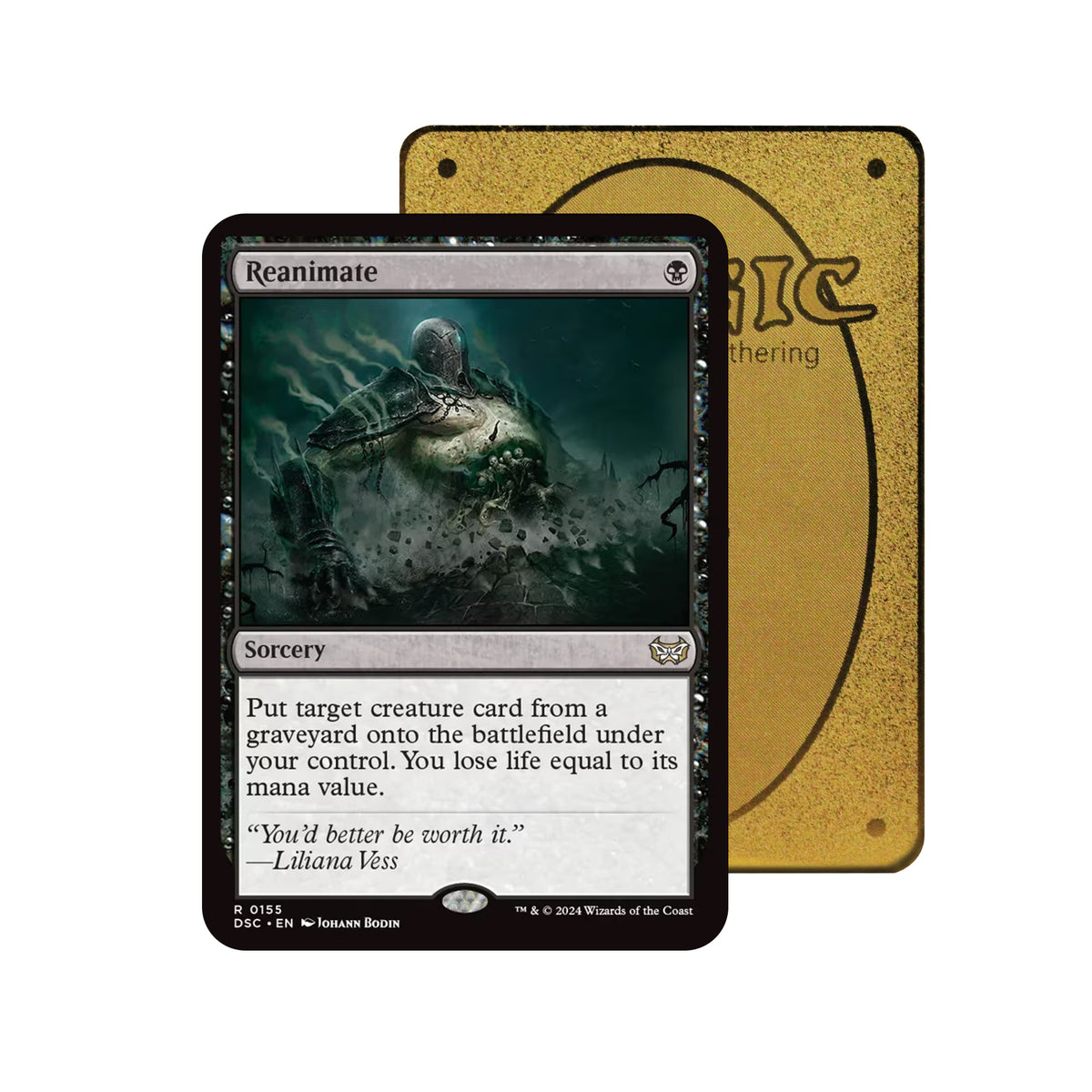 Level up your game with our custom-printed metal orica cards, featuring exclusive Reanimate artwork in gold metal. Durable, scratch-resistant, and embossed with the iconic Yu-Gi-Oh! card back, these slim orica cards fit perfectly in card sleeves. Sorcery-mtg-yugioh-pokemon-metal-card-embossed-design-custom-artwork-duel-accessories-ldb-duel