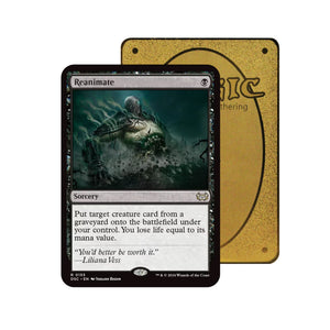 Level up your game with our custom-printed metal orica cards, featuring exclusive Reanimate artwork in gold metal. Durable, scratch-resistant, and embossed with the iconic Yu-Gi-Oh! card back, these slim orica cards fit perfectly in card sleeves. Sorcery-mtg-yugioh-pokemon-metal-card-embossed-design-custom-artwork-duel-accessories-ldb-duel