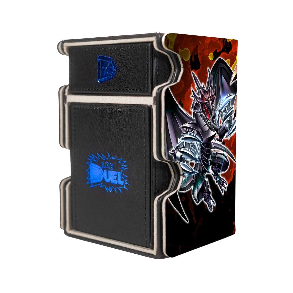 Here is the Right View of the Red-Eyes Black Metal Dragon Mach 3 Black Deck Box. Atticus-Rhodes-yugioh-deck-tray-dice-tray-LDB-Duel