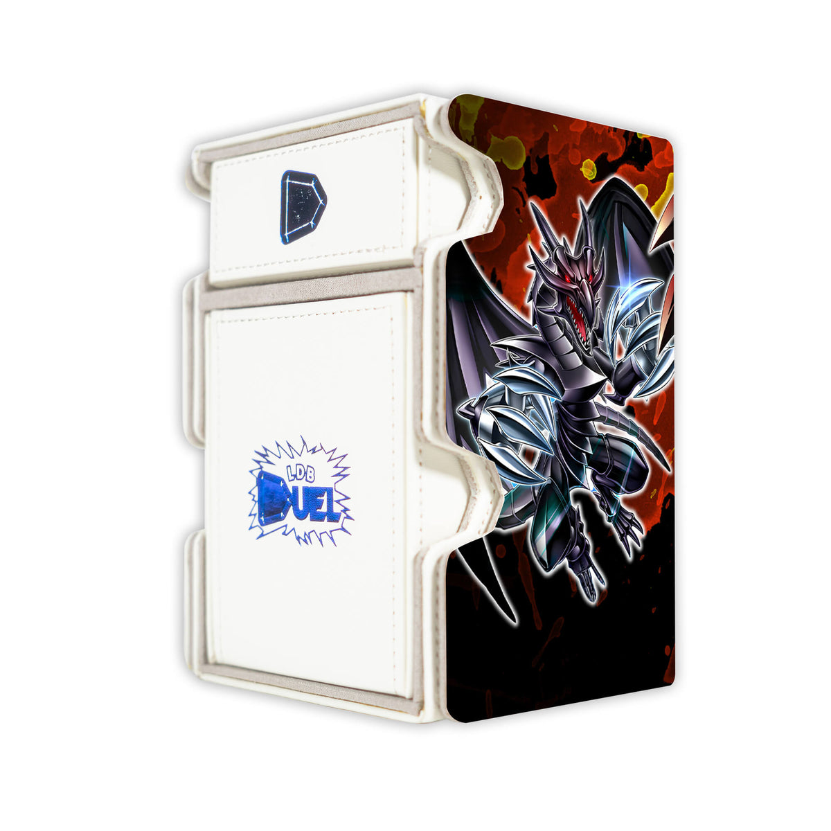 Here is the Right View of the Red-Eyes Black Metal Dragon Mach 3 White Deck Box. Joey-Wheeler-yugioh-deck-tray-dice-tray-LDB-Duel