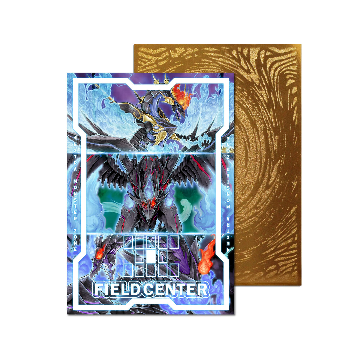 Level up your game with our custom-printed metal field centers, featuring exclusive Red-Eyes Zombie Dragon artwork in gold metal. Durable, scratch-resistant, and embossed with the iconic Yu-Gi-Oh! card back, these slim field centers fit perfectly in card sleeves. Red-Eyes-yugioh-mtg-pokemon-metal-card-embossed-design-custom-artwork-duel-accessories-ldb-duel