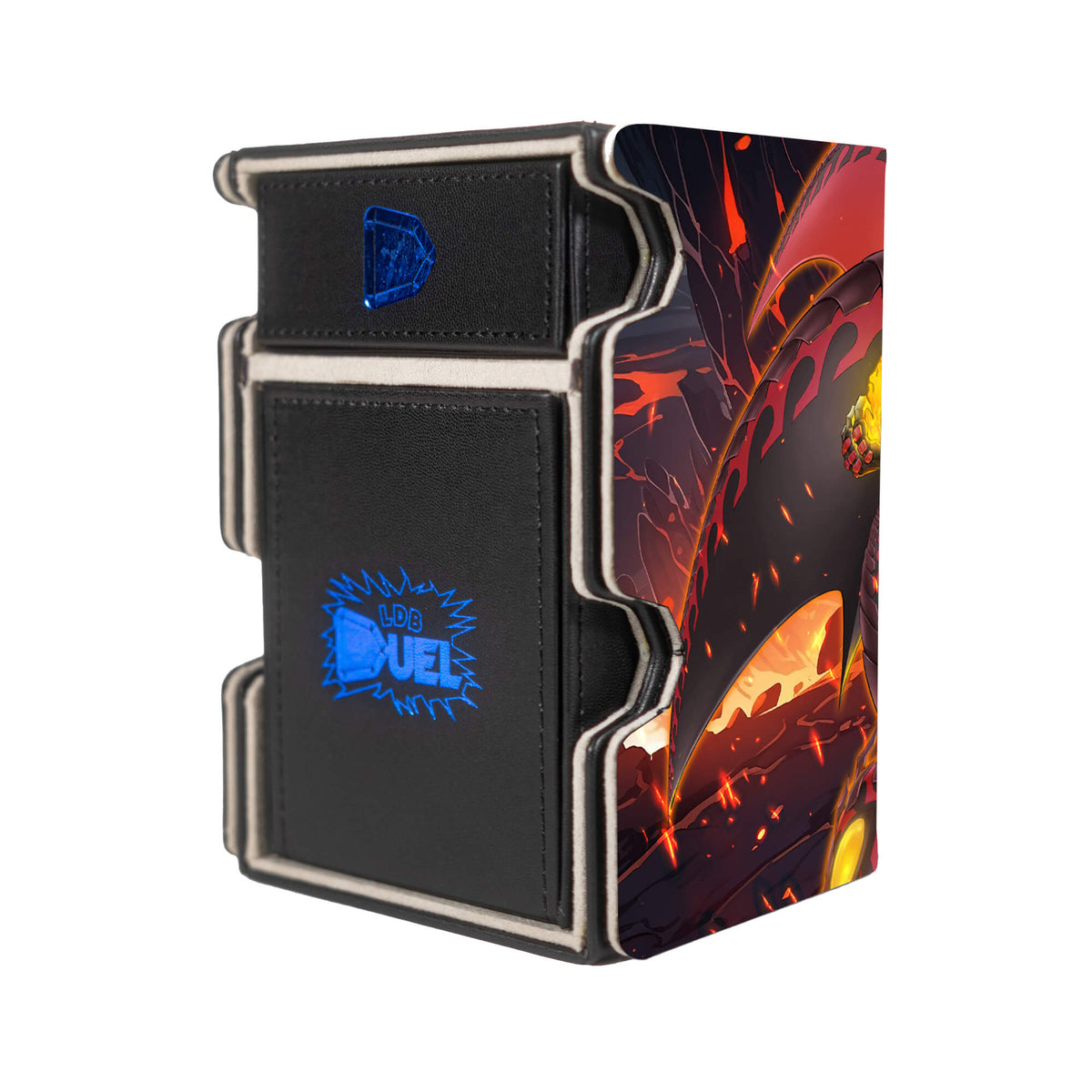 Here is the Right View of the Red Supernova Dragon Mach 3 Black Deck Box. Meteor-Flare-yugioh-deck-tray-dice-tray-LDB-Duel