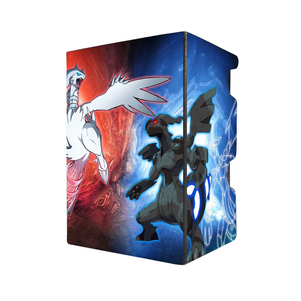 "Here's another quality black deck box from LDB Duel featuring our exclusive Reshiram and Zekrom
 art. Fits all types of trading card games, including Pokémon, Yu-Gi-Oh! and Magic The Gathering. The perfect card holder for the TCG player safely holds up to 100 double-sleeved cards. EVEN in extra thick sleeves. Comes with a pull-out dice tray. Dragon-yugioh-tcg-accessories-card-storage-LDB-Duel"