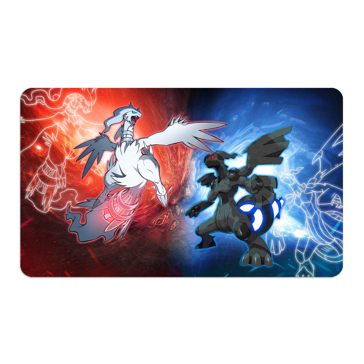 Transform your dueling experience with LDB Duel featuring our exclusive art Reshiram and Zekrom playmat! Featuring a soft cloth top for smooth card movement and a durable rubber back for a secure grip, this 24x14 inch mat is machine washable and safe for cards and sleeves. Dragon-yugioh-mtg-pokemon-custom-artwork-premium-durable-rubber-ldb-duel