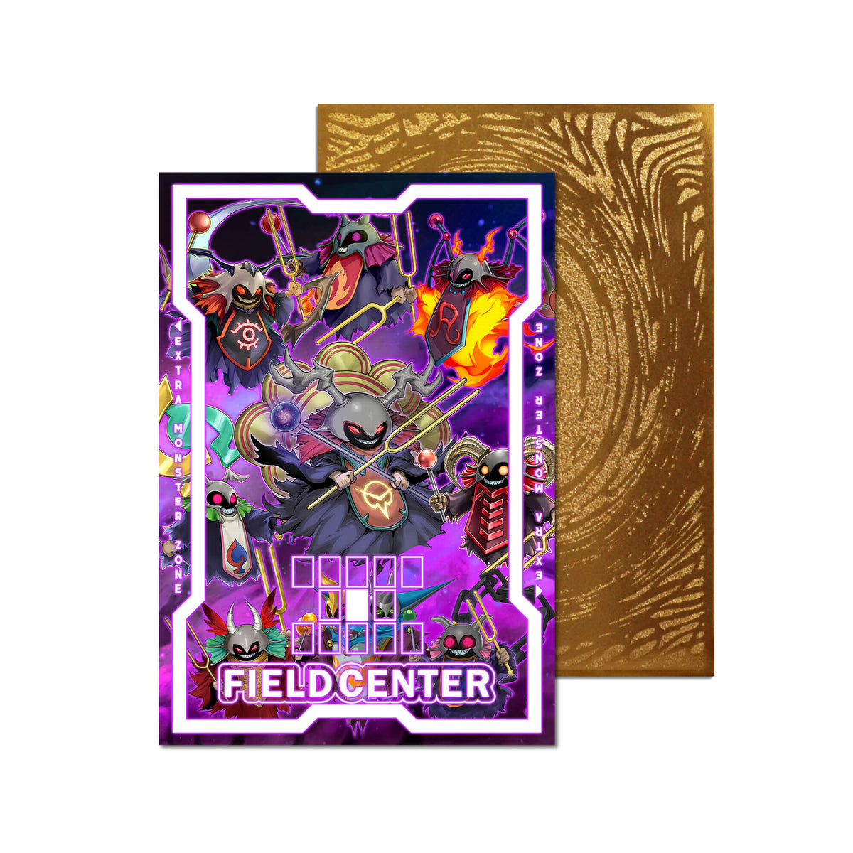 Level up your game with our custom-printed metal field centers, featuring exclusive Resonator Archetype artwork in gold metal. Durable, scratch-resistant, and embossed with the iconic Yu-Gi-Oh! card back, these slim field centers fit perfectly in card sleeves. Resonator-yugioh-metal-card-embossed-design-custom-artwork-duel-accessories-ldb-duel