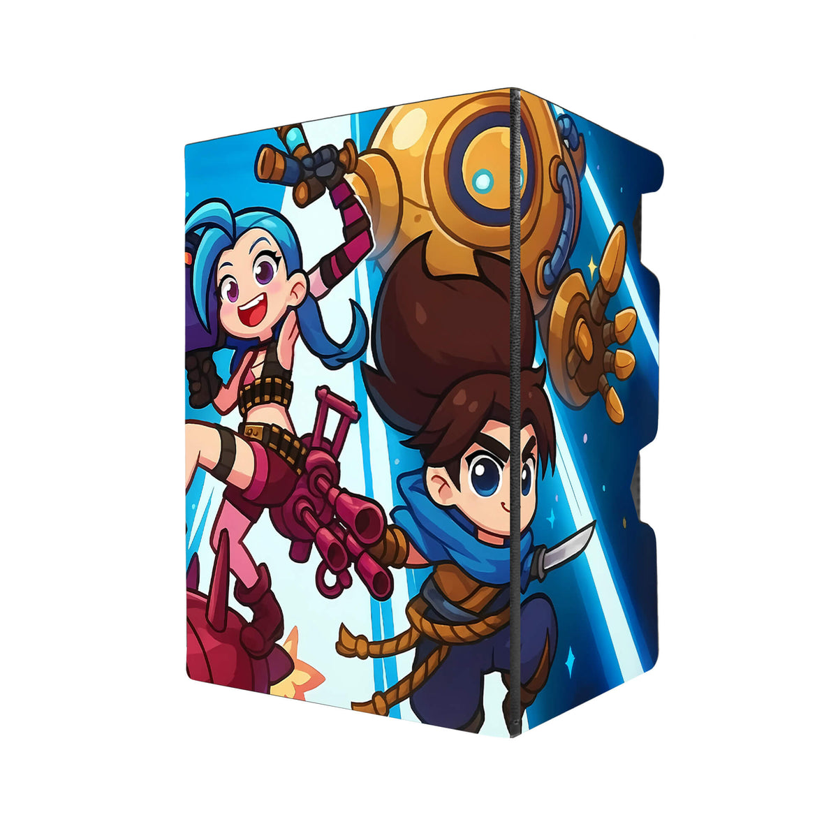 Here's another quality black deck box from LDB Duel featuring our exclusive Riftbound | League of Legends art. Fits all types of trading card games, including Pokémon, Yu-Gi-Oh! and Magic The Gathering. The perfect card holder for the TCG player safely holds up to 100 double-sleeved cards. EVEN in extra thick sleeves. Comes with a pull-out dice tray. Jinx-anime-tcg-accessories-card-storage-LDB-Duel