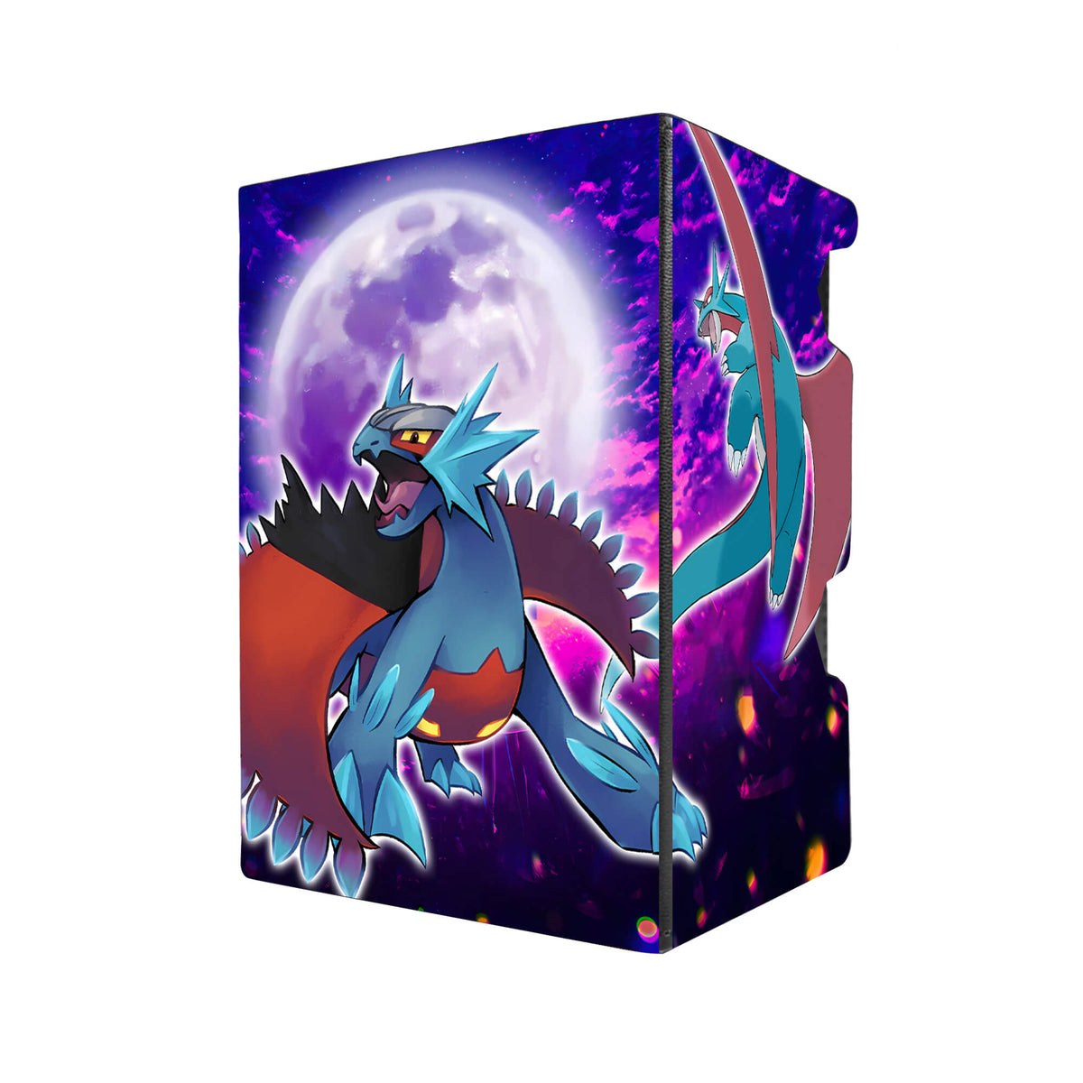 Here's another quality black deck box from LDB Duel featuring our exclusive Roaring Moon Dragons art. Fits all types of trading card games, including Pokémon, Yu-Gi-Oh! and Magic The Gathering. The perfect card holder for the TCG player safely holds up to 100 double-sleeved cards. EVEN in extra thick sleeves. Comes with a pull-out dice tray. Occulture-pokemon-tcg-accessories-card-storage-LDB-Duel