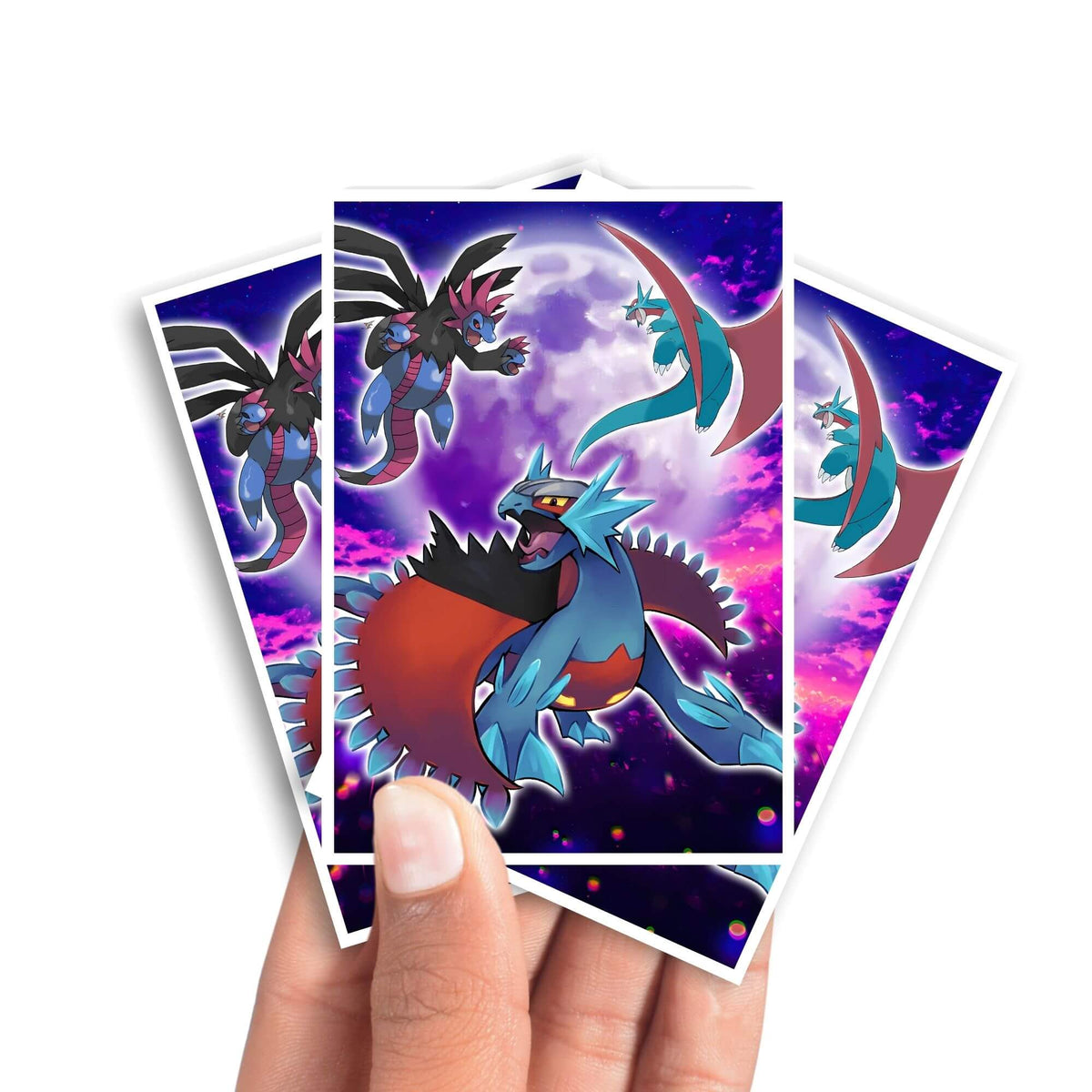 Protect and enhance your cards with our clean and crisp white border card sleeves. Featuring a minimalist design that complements any artwork, these sleeves offer a bright, timeless look. From LDB Duel. Printed with our exclusive Roaring Moon Dragons design for a fresh and premium finish. Lunala-pokemon-yugioh-mtg-card-protection-standard-japanese-dragon-shield-LDB-Duel-white