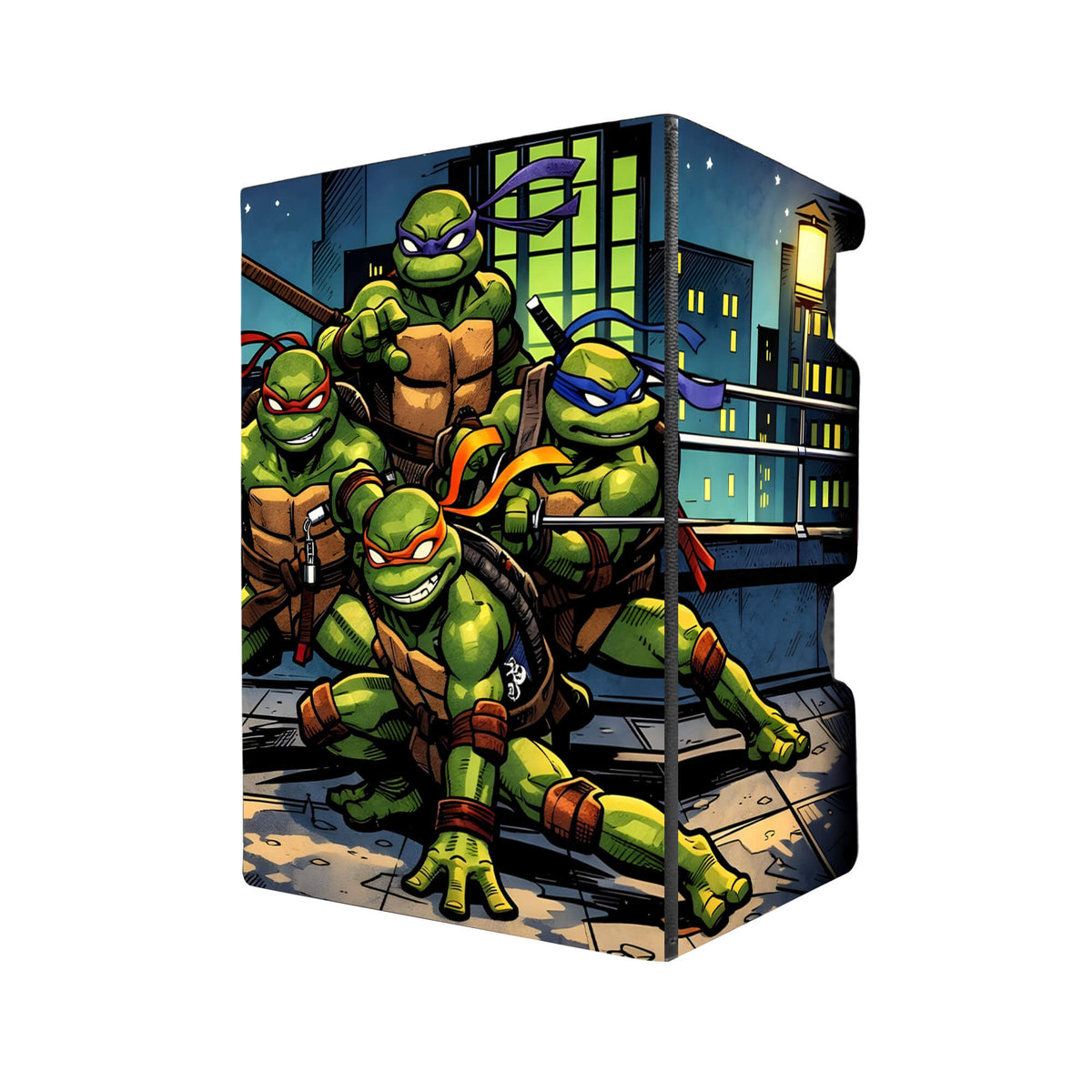 Here's another quality black deck box from LDB Duel featuring our exclusive Rooftop Vigilante art. Fits all types of trading card games, including Pokémon, Yu-Gi-Oh! and Magic The Gathering. The perfect card holder for the TCG player safely holds up to 100 double-sleeved cards. EVEN in extra thick sleeves. Comes with a pull-out dice tray. Ninja-Turtles-mtg-tcg-accessories-card-storage-LDB-Duel