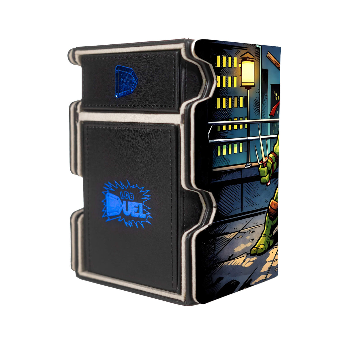 Here is the Right View of the Rooftop Vigilante Mach 3 Black Deck Box. Donatello-mtg-deck-tray-dice-tray-LDB-Duel