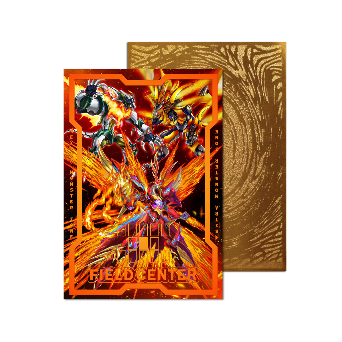 Level up your game with our custom-printed metal field centers, featuring exclusive Salamangreat Raging Phoenix artwork in gold metal. Durable, scratch-resistant, and embossed with the iconic Yu-Gi-Oh! card back, these slim field centers fit perfectly in card sleeves. Salamangreat-yugioh-metal-card-embossed-design-custom-artwork-duel-accessories-ldb-duel