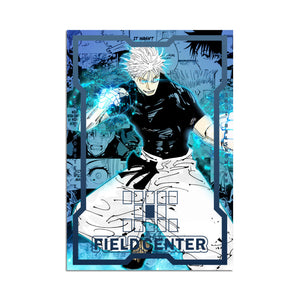 Level up your game with our custom-printed metal field centers, featuring exclusive Satoru Gojo artwork in gold metal. Durable, scratch-resistant, and embossed with the iconic Yu-Gi-Oh! card back, these slim field centers fit perfectly in card sleeves. Protagonists-anime-yugioh-mtg-pokemon-metal-card-embossed-design-custom-artwork-duel-accessories-ldb-duel