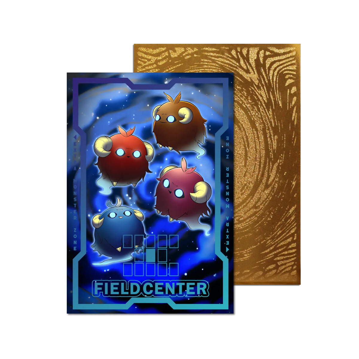 Level up your game with our custom-printed metal field centers, featuring exclusive Scapeghost artwork in gold metal. Durable, scratch-resistant, and embossed with the iconic Yu-Gi-Oh! card back, these slim field centers fit perfectly in card sleeves. Sheep-Token-yugioh-metal-card-embossed-design-custom-artwork-duel-accessories-ldb-duel