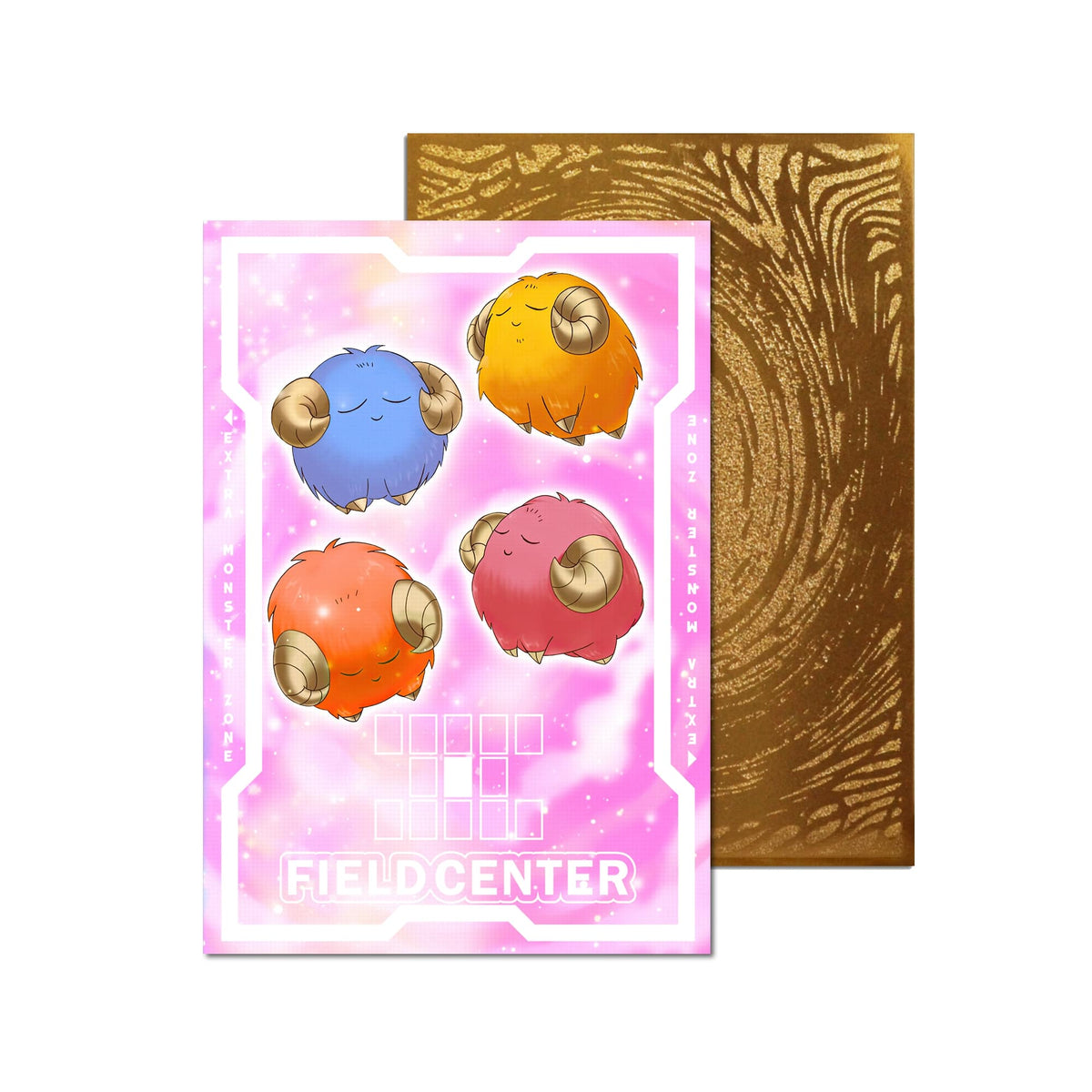 Level up your game with our custom-printed metal field centers, featuring exclusive Scapegoat artwork in gold metal. Durable, scratch-resistant, and embossed with the iconic Yu-Gi-Oh! card back, these slim field centers fit perfectly in card sleeves. Sheep-Token-yugioh-mtg-pokemon-metal-card-embossed-design-custom-artwork-duel-accessories-ldb-duel
