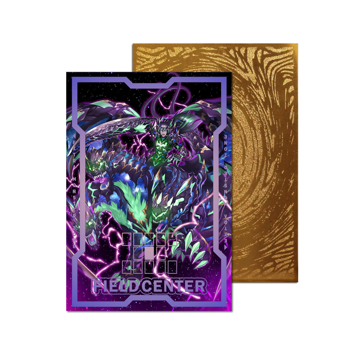 Level up your game with our custom-printed metal field centers, featuring exclusive Scareclaw artwork in gold metal. Durable, scratch-resistant, and embossed with the iconic Yu-Gi-Oh! card back, these slim field centers fit perfectly in card sleeves. Twinsaw-yugioh-mtg-pokemon-metal-card-embossed-design-custom-artwork-duel-accessories-ldb-duel