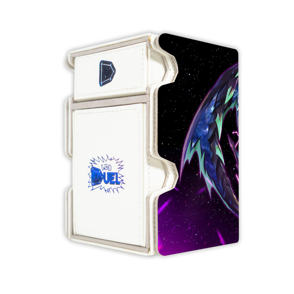 Here is the Right View of the Scareclaw Mach 3 White Deck Box. Tri-Heart-yugioh-deck-tray-dice-tray-LDB-Duel