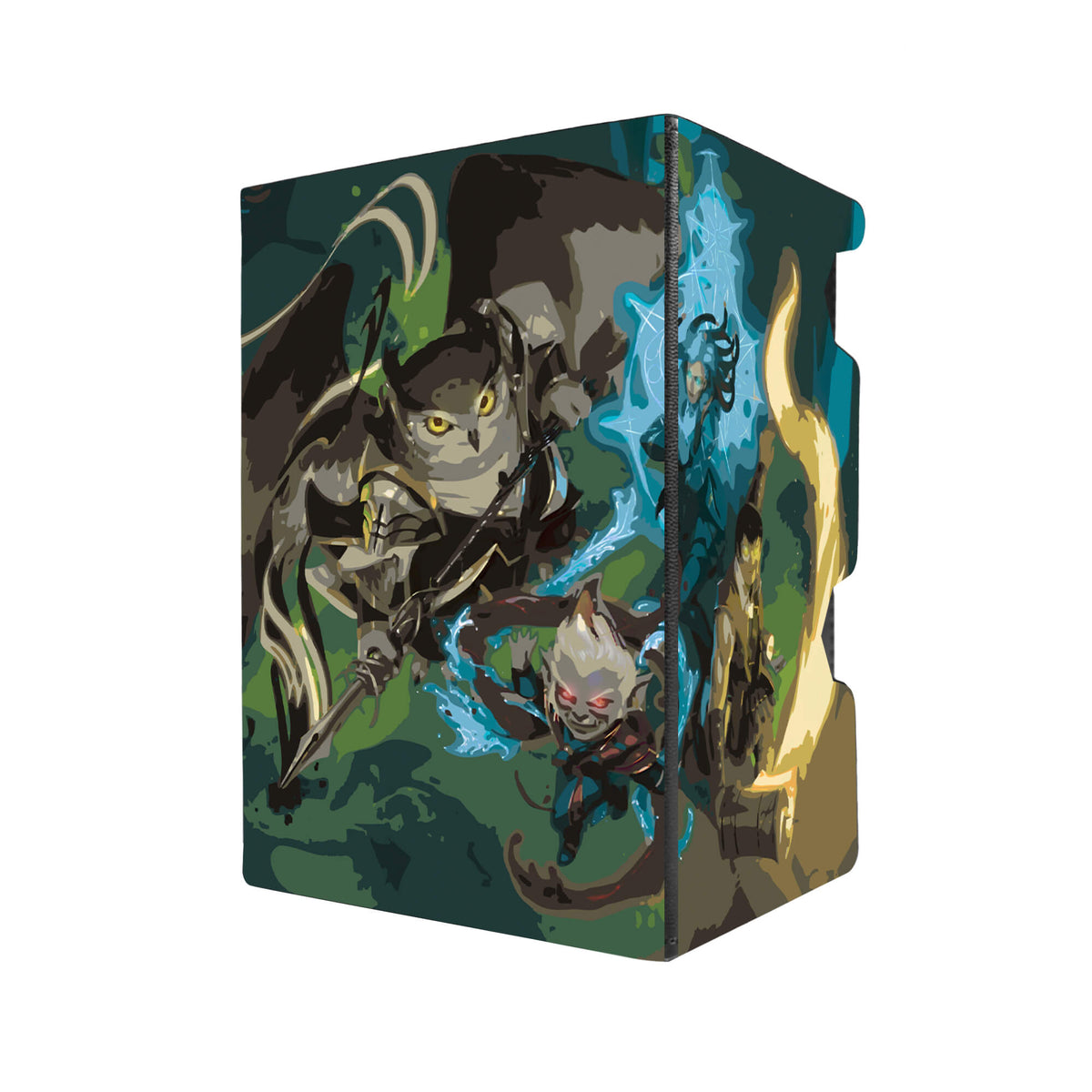 Here's another quality black deck box from LDB Duel featuring our exclusive Secrets of Strixhaven art. Fits all types of trading card games, including Pokémon, Yu-Gi-Oh! and Magic The Gathering. The perfect card holder for the TCG player safely holds up to 100 double-sleeved cards. EVEN in extra thick sleeves. Comes with a pull-out dice tray. Strixhaven-mtg-tcg-accessories-card-storage-LDB-Duel