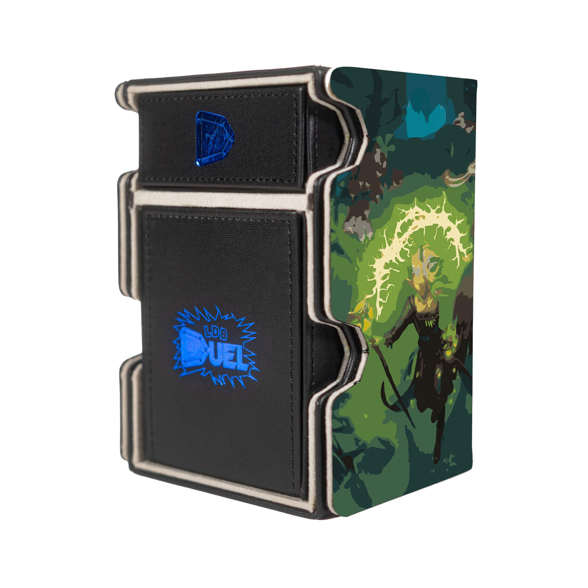 Here is the Right View of the Secrets of Strixhaven Mach 3 Black Deck Box. Prismari-Artistry-mtg-deck-tray-dice-tray-LDB-Duel