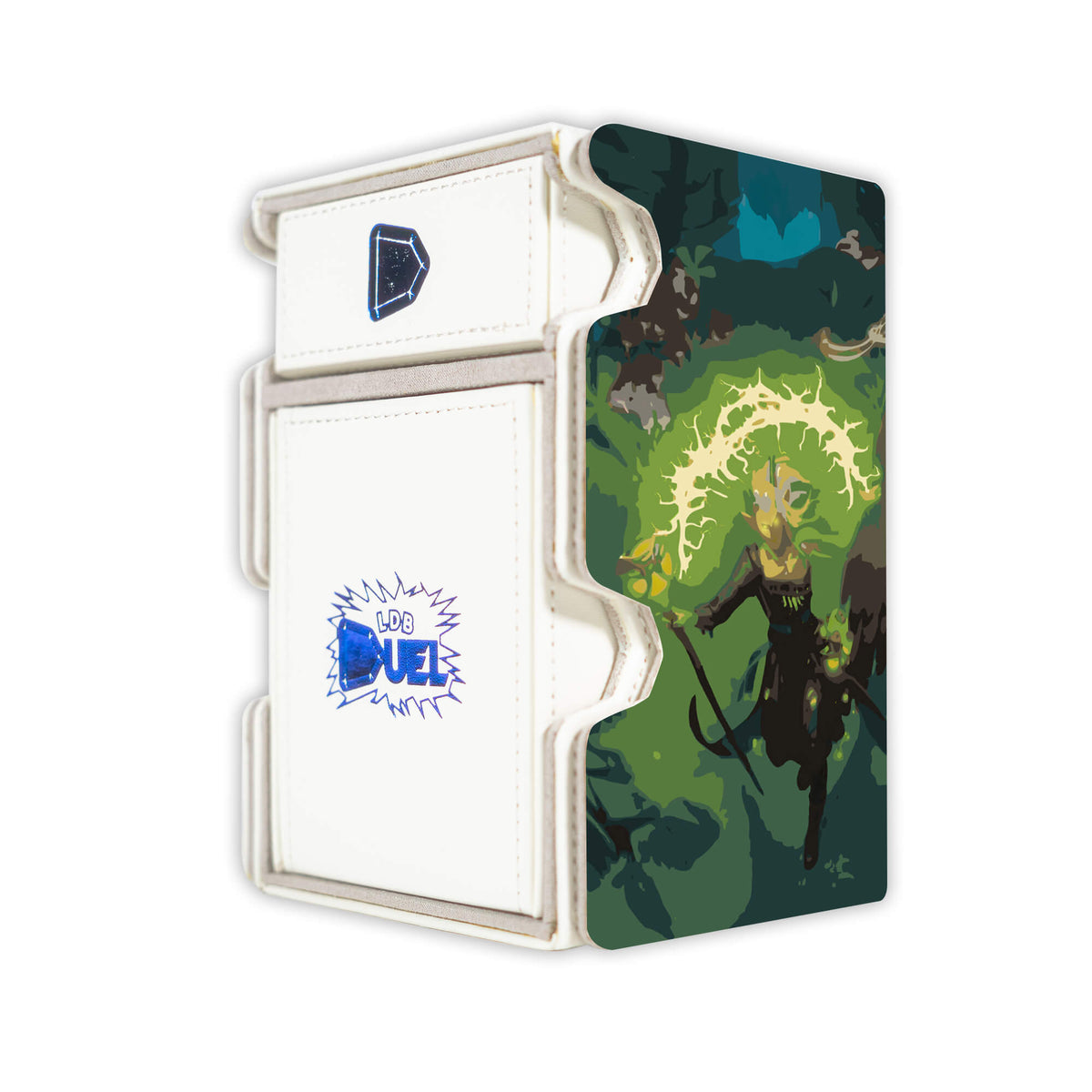 Here is the Right View of the Secrets of Strixhaven Mach 3 White Deck Box. Silverquill-Influence-mtg-deck-tray-dice-tray-LDB-Duel