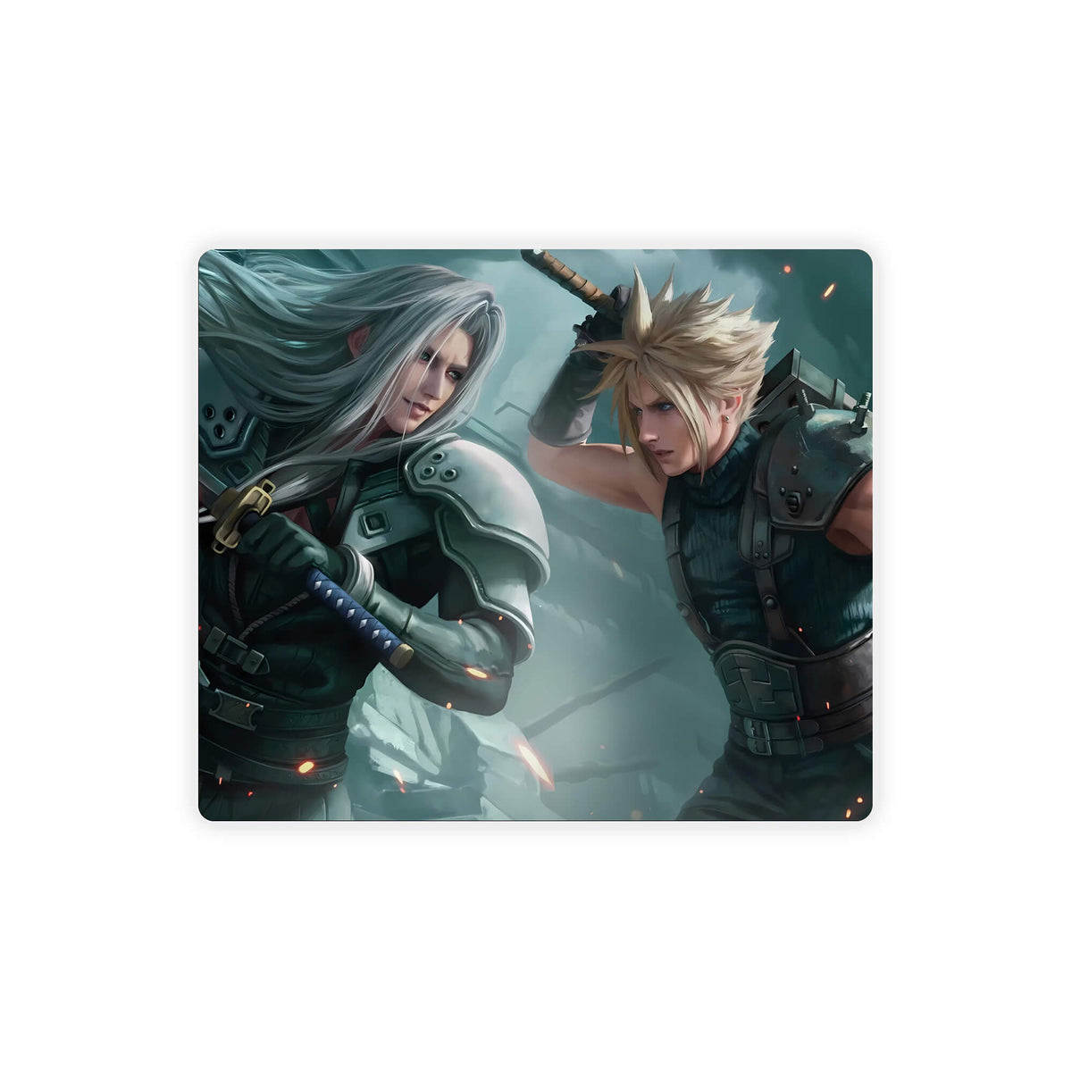 Enhance your gaming setup with our exclusive artwork Sephiroth VS Cloud Strife mouse pad! Featuring a soft cloth surface for precise mouse tracking and a durable rubber base for a stable grip, this 10x8.5 inch mouse pad is the perfect blend of style and performance. Plus, it's machine washable for easy maintenance! Buster-Sword-mtg-yugioh-pokemon-custom-artwork-premium-durable-rubber-ldb-duel