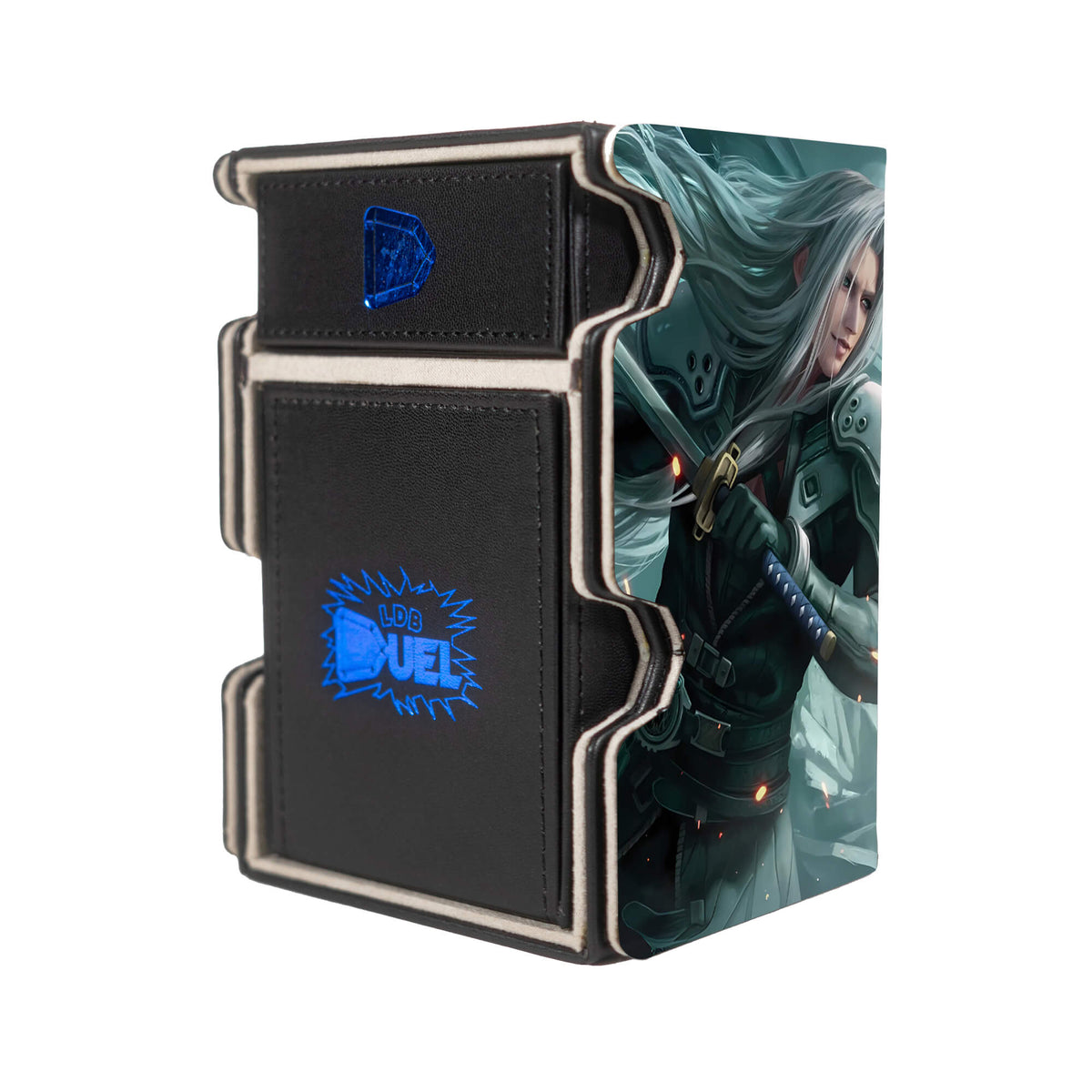 Here is the Right View of the Sephiroth VS Cloud Strife Mach 3 Black Deck Box. Masamune-mtg-deck-tray-dice-tray-LDB-Duel