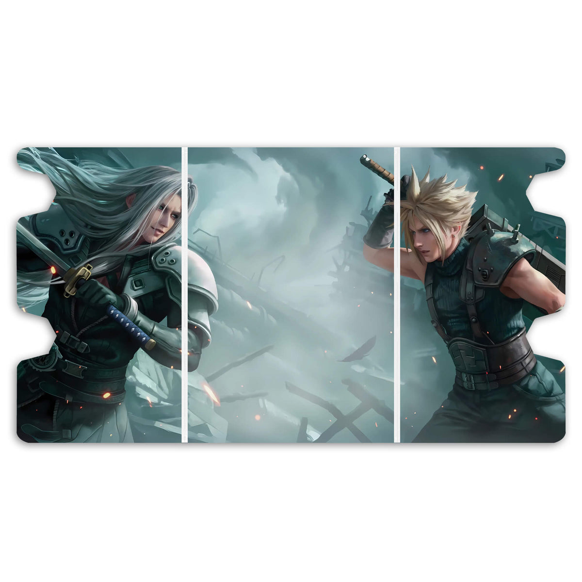 Here is the Full Lid Design of the Sephiroth VS Cloud Strife Mach 3 White Deck Box. Broadswords-mtg-custom-deck-portable-collector-LDB-Duel