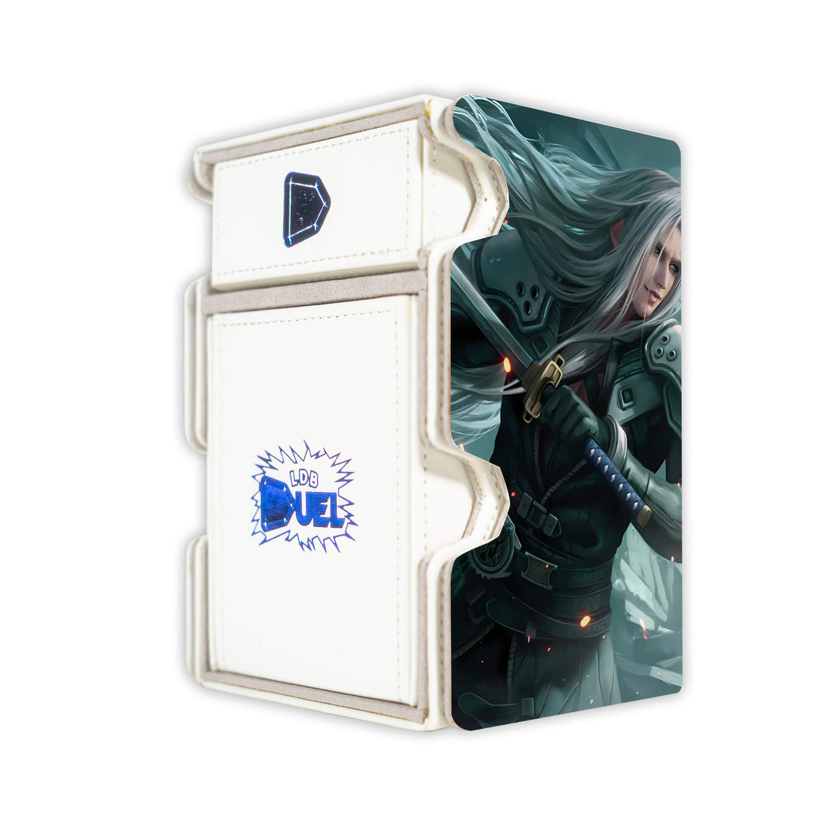 Here is the Right View of the Sephiroth VS Cloud Strife Mach 3 White Deck Box. Omnislash-mtg-deck-tray-dice-tray-LDB-Duel