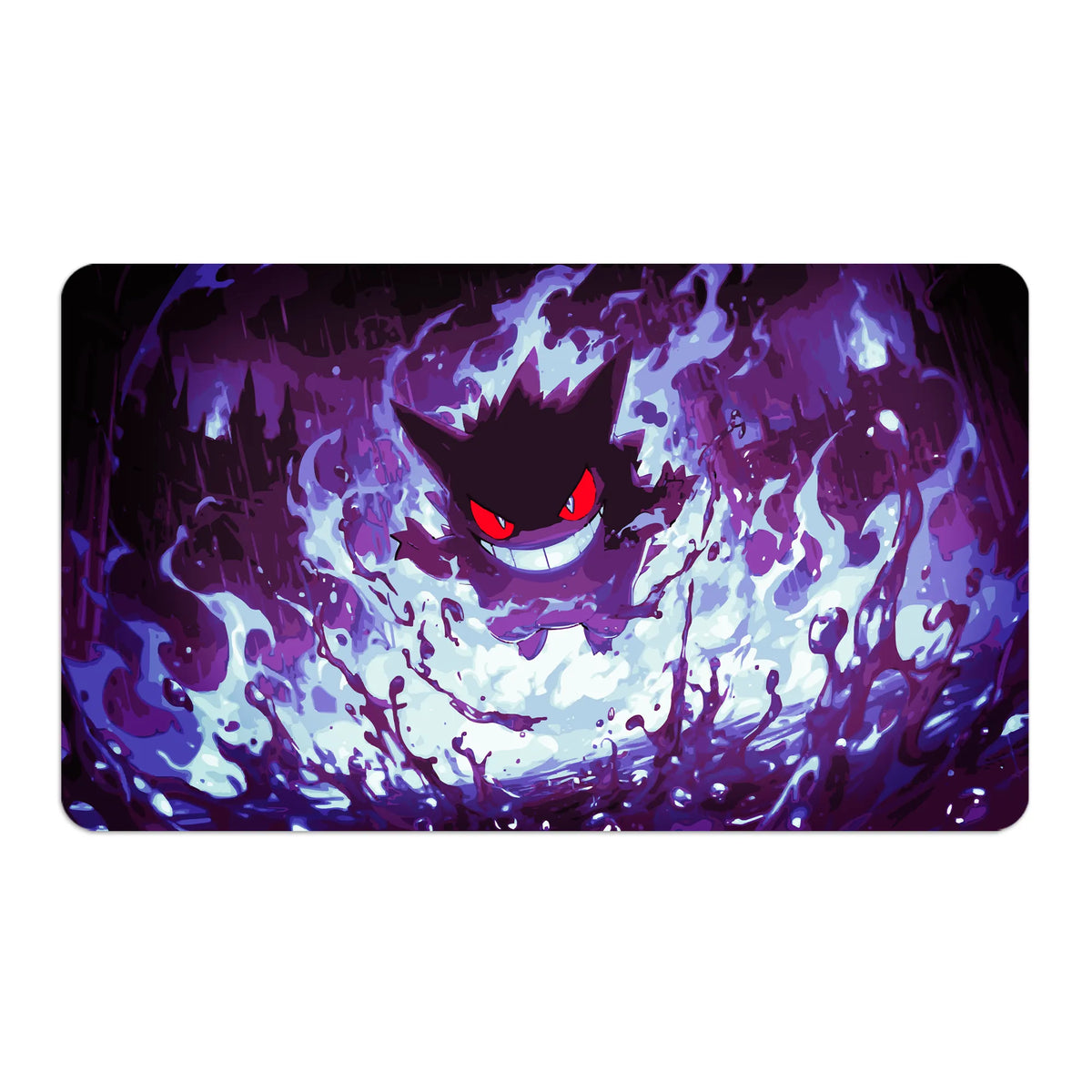 Transform your dueling experience with LDB Duel featuring our exclusive art Shadow Gengar playmat! Featuring a soft cloth top for smooth card movement and a durable rubber back for a secure grip, this 24x14 inch mat is machine washable and safe for cards and sleeves. Gengar-pokemon-anime-yugioh-mtg-custom-artwork-premium-durable-rubber-ldb-duel
