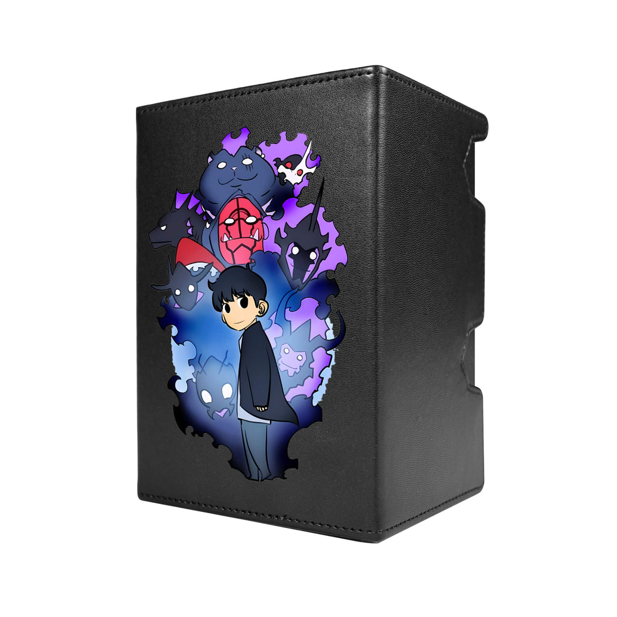 Here's another quality black deck box from LDB Duel featuring our exclusive Shadow Monarchs Chibi art. Fits all types of trading card games, including Pokémon, Yu-Gi-Oh! and Magic The Gathering. The perfect card holder for the TCG player safely holds up to 100 double-sleeved cards. EVEN in extra thick sleeves. Comes with a pull-out dice tray. Igris-yugioh-tcg-accessories-card-storage-LDB-Duel