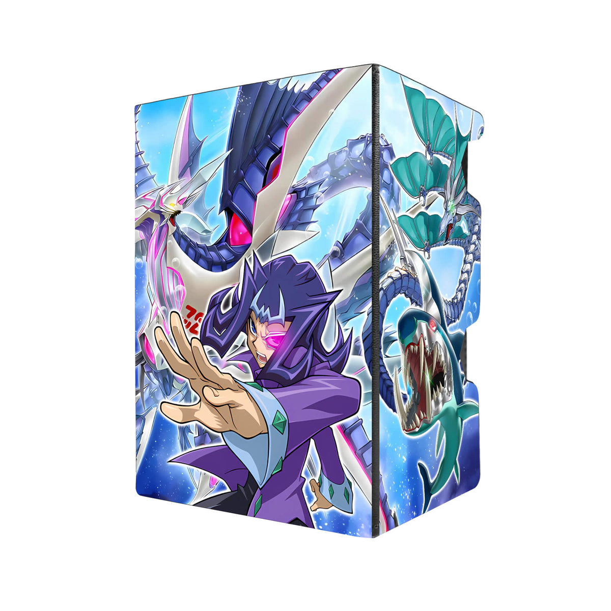 Here's another quality black deck box from LDB Duel featuring our exclusive Shark Drake LeVeiss art. Fits all types of trading card games, including Pokémon, Yu-Gi-Oh! and Magic The Gathering. The perfect card holder for the TCG player safely holds up to 100 double-sleeved cards. EVEN in extra thick sleeves. Comes with a pull-out dice tray. Shark-yugioh-tcg-accessories-card-storage-LDB-Duel