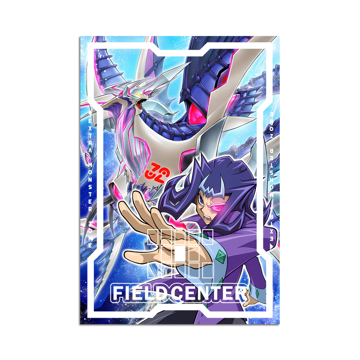 Level up your game with our custom-printed metal field centers, featuring exclusive Shark Drake LeVeiss artwork in gold metal. Durable, scratch-resistant, and embossed with the iconic Yu-Gi-Oh! card back, these slim field centers fit perfectly in card sleeves. Crystal-Shark-yugioh-mtg-pokemon-metal-card-embossed-design-custom-artwork-duel-accessories-ldb-duel