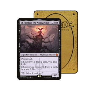 Level up your game with our custom-printed metal orica cards, featuring exclusive Sheoldred, the Apocalypse artwork in gold metal. Durable, scratch-resistant, and embossed with the iconic Yu-Gi-Oh! card back, these slim orica cards fit perfectly in card sleeves. Phyrexian-mtg-yugioh-pokemon-metal-card-embossed-design-custom-artwork-duel-accessories-ldb-duel