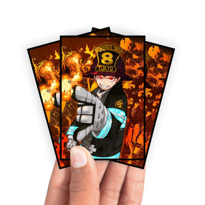 Enhance your cards with our elegant black border card sleeves, featuring a sleek, sophisticated design for a bold, modern aesthetic. From LDB Duel. Perfect for showcasing your collection, these sleeves are printed with our exclusive Shinra Kusakabe design. Fire-Force-anime-yugioh-mtg-pokemon-card-protection-standard-japanese-dragon-shield-LDB-Duel-black