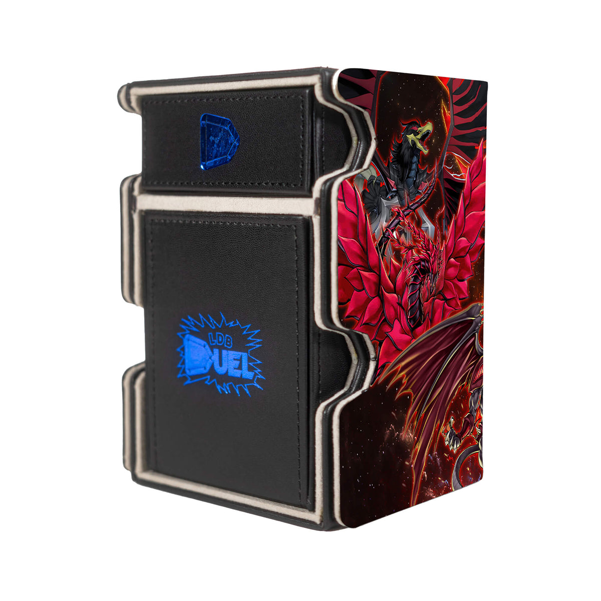 Here is the Right View of the Signer Dragons Mach 3 Black Deck Box. Yusei-Fudo-yugioh-deck-tray-dice-tray-LDB-Duel