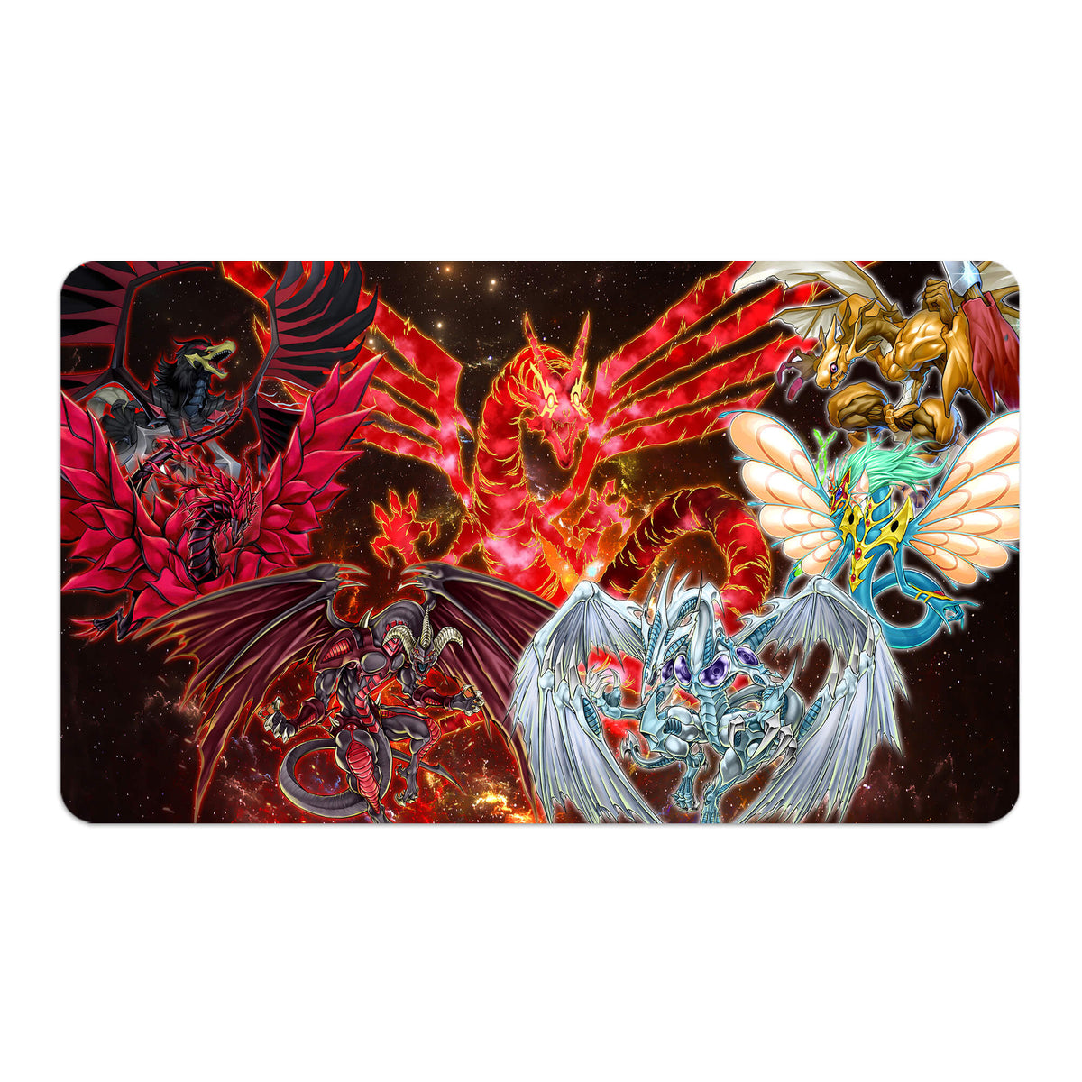 Transform your dueling experience with LDB Duel featuring our exclusive art Signer Dragons playmat! Featuring a soft cloth top for smooth card movement and a durable rubber back for a secure grip, this 24x14 inch mat is machine washable and safe for cards and sleeves. 5D's-yugioh-mtg-pokemon-custom-artwork-premium-durable-rubber-ldb-duel