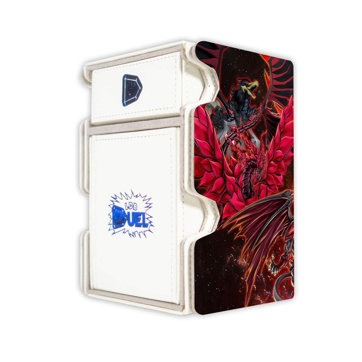Here is the Right View of the Signer Dragons Mach 3 White Deck Box. Crimson-Dragon-yugioh-deck-tray-dice-tray-LDB-Duel