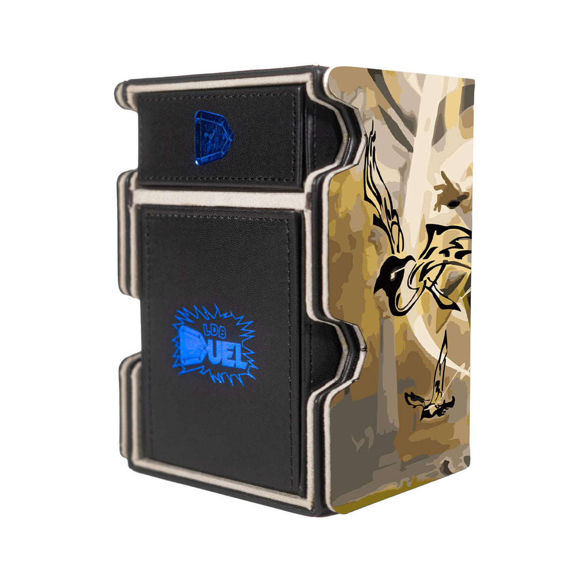 Here is the Right View of the Silverquill Influence Mach 3 Black Deck Box. Human-Warlock-mtg-deck-tray-dice-tray-LDB-Duel