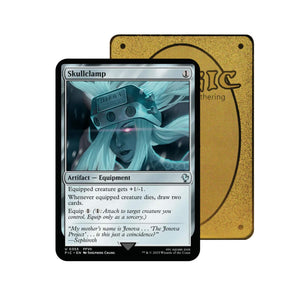 Level up your game with our custom-printed metal orica cards, featuring exclusive Skullclamp artwork in gold metal. Durable, scratch-resistant, and embossed with the iconic Yu-Gi-Oh! card back, these slim orica cards fit perfectly in card sleeves. Artifact-mtg-yugioh-pokemon-metal-card-embossed-design-custom-artwork-duel-accessories-ldb-duel