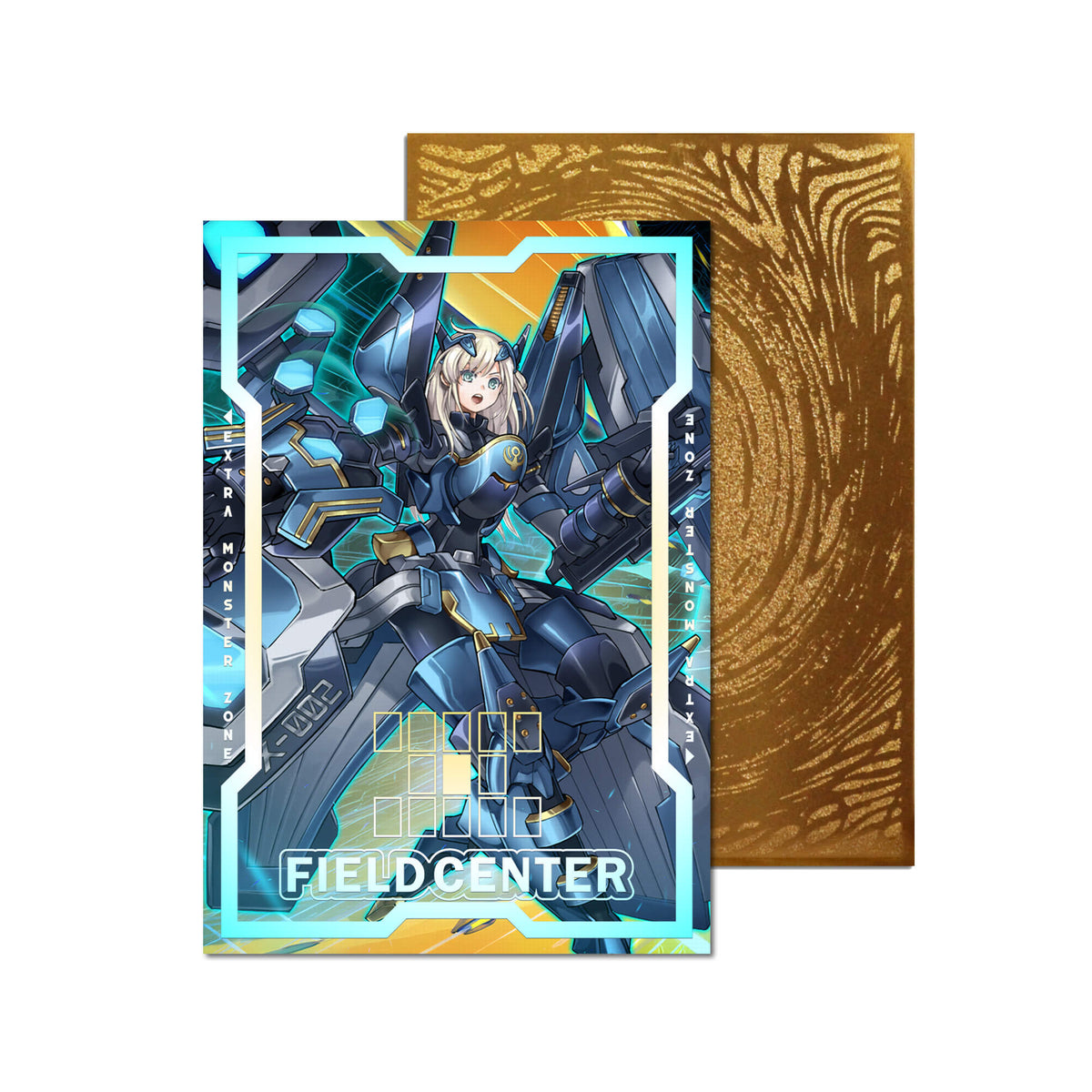 Level up your game with our custom-printed metal field centers, featuring exclusive Sky Striker Ace - Shizuku artwork in gold metal. Durable, scratch-resistant, and embossed with the iconic Yu-Gi-Oh! card back, these slim field centers fit perfectly in card sleeves. Sky-Striker-yugioh-metal-card-embossed-design-custom-artwork-duel-accessories-ldb-duel