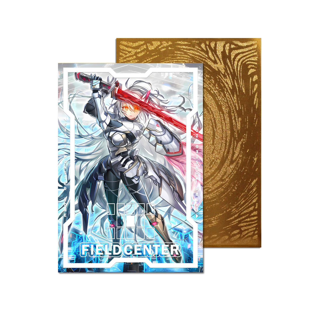Level up your game with our custom-printed metal field centers, featuring exclusive Sky Striker Ace - Zero artwork in gold metal. Durable, scratch-resistant, and embossed with the iconic Yu-Gi-Oh! card back, these slim field centers fit perfectly in card sleeves. Katana-yugioh-mtg-pokemon-metal-card-embossed-design-custom-artwork-duel-accessories-ldb-duel