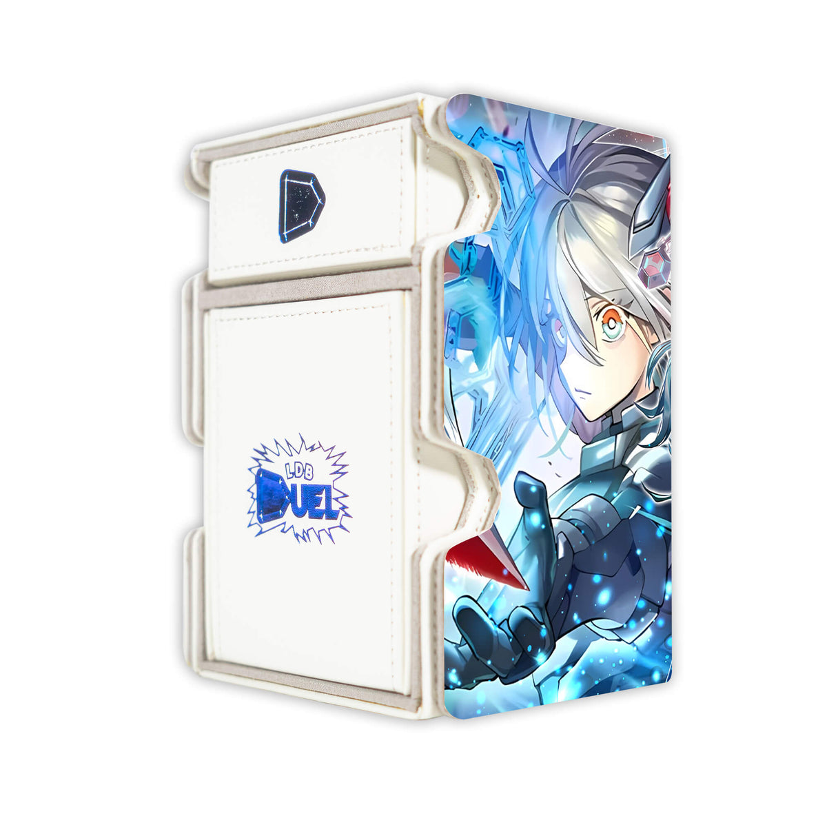 Here is the Right View of the Sky Striker Ace - Zero Mach 3 White Deck Box. Backsword-yugioh-deck-tray-dice-tray-LDB-Duel