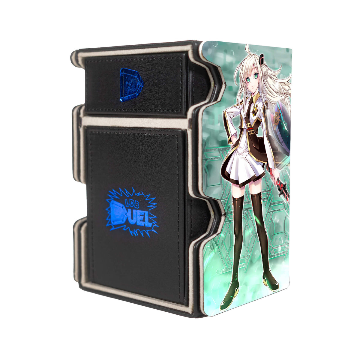 Here is the Right View of the Sky Striker Mobilize - Linkage! Mach 3 Black Deck Box. Camellia-yugioh-deck-tray-dice-tray-LDB-Duel