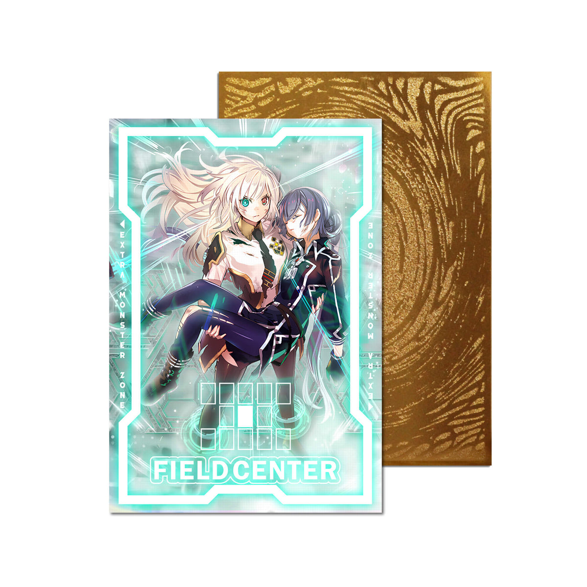 Level up your game with our custom-printed metal field centers, featuring exclusive Sky Striker Mobilize - Linkage! artwork in gold metal. Durable, scratch-resistant, and embossed with the iconic Yu-Gi-Oh! card back, these slim field centers fit perfectly in card sleeves. Sky-Striker-yugioh-metal-card-embossed-design-custom-artwork-duel-accessories-ldb-duel