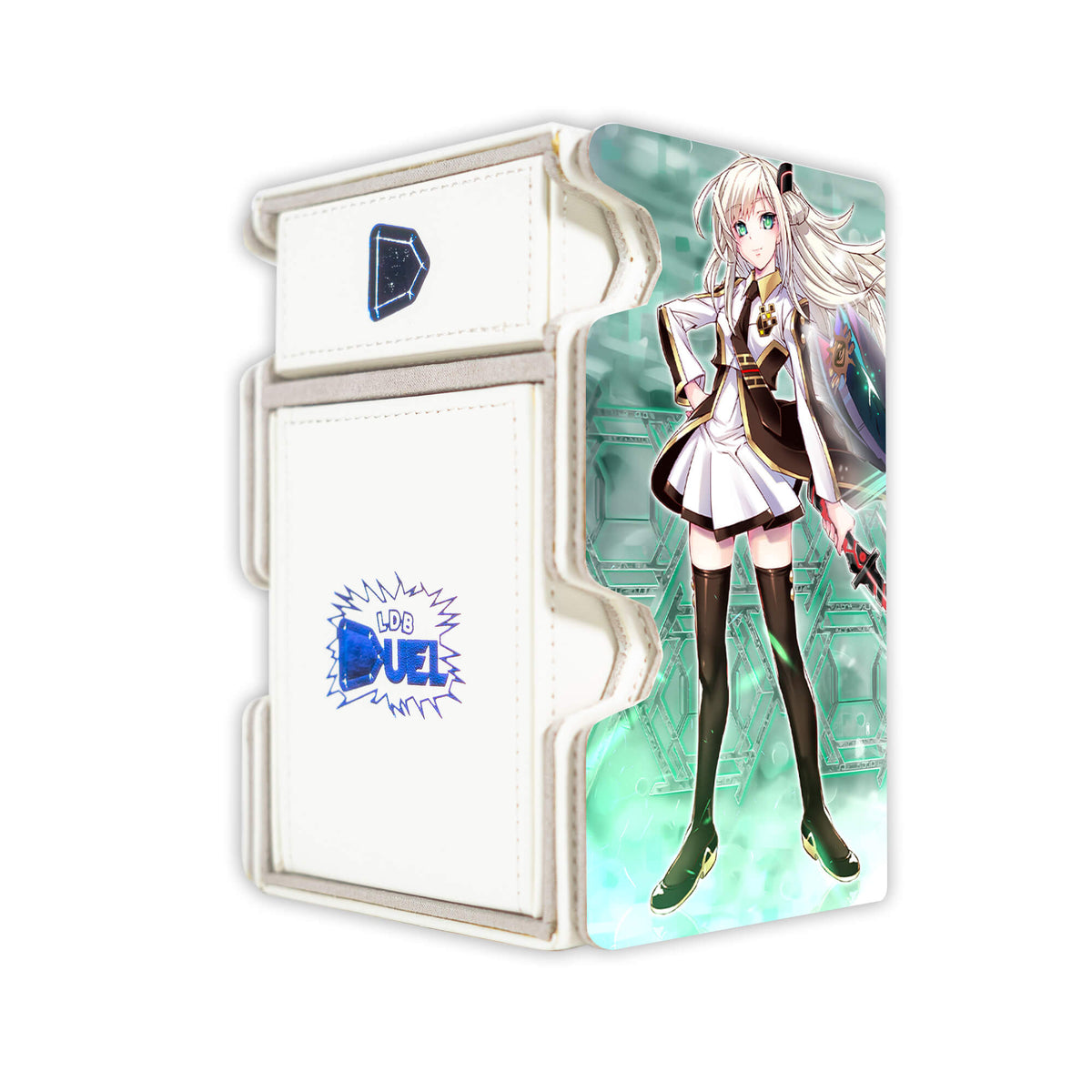 Here is the Right View of the Sky Striker Mobilize - Linkage! Mach 3 White Deck Box. Azalea-yugioh-deck-tray-dice-tray-LDB-Duel