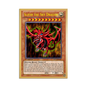 Level up your game with our custom-printed metal orica cards, featuring exclusive Slifer the Sky Dragon artwork in gold metal. Durable, scratch-resistant, and embossed with the iconic Yu-Gi-Oh! card back, these slim orica cards fit perfectly in card sleeves. Yami-Yugi-yugioh-mtg-pokemon-metal-card-embossed-design-custom-artwork-duel-accessories-ldb-duel