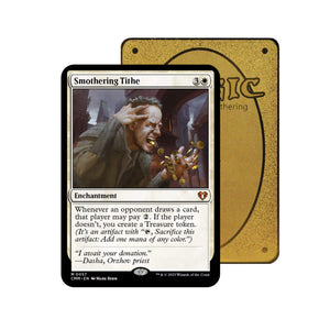 Level up your game with our custom-printed metal orica cards, featuring exclusive Smothering Tithe artwork in gold metal. Durable, scratch-resistant, and embossed with the iconic Yu-Gi-Oh! card back, these slim orica cards fit perfectly in card sleeves. Enchantment-mtg-yugioh-pokemon-metal-card-embossed-design-custom-artwork-duel-accessories-ldb-duel